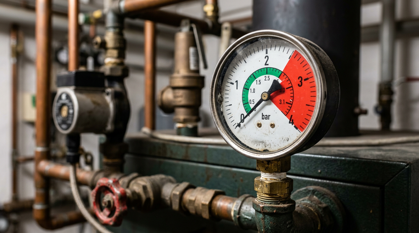 Manomètre de chaudière indiquant une pression d'eau trop élevée dans la zone rouge