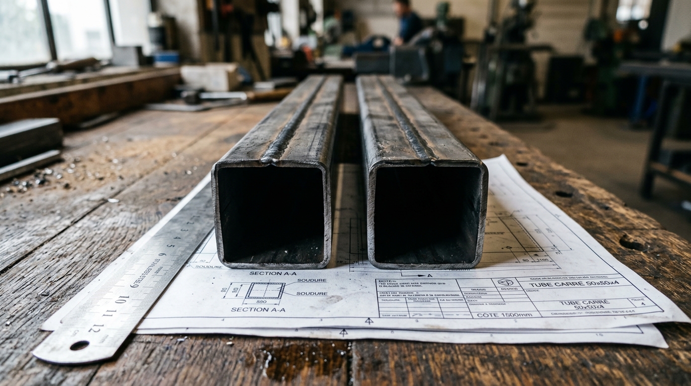 Comparaison de profilés en acier S235 et S355 sur un établi