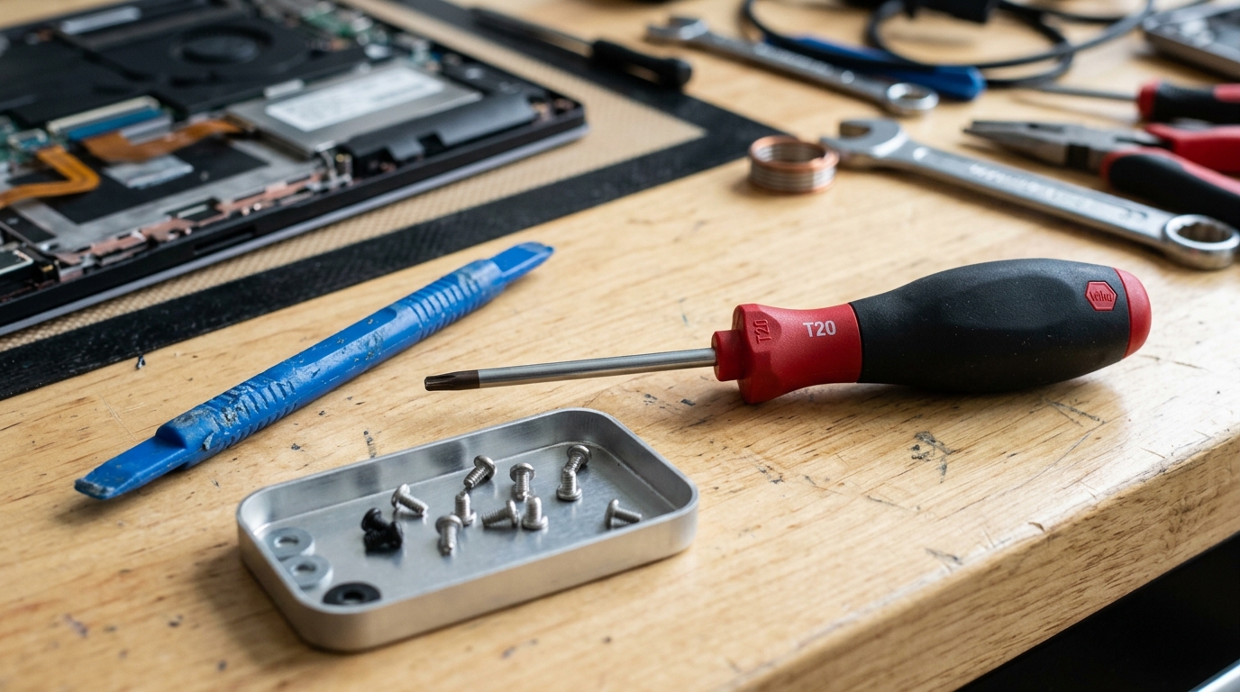 Outils de réparation incluant un tournevis Torx T20 et une spatule en plastique