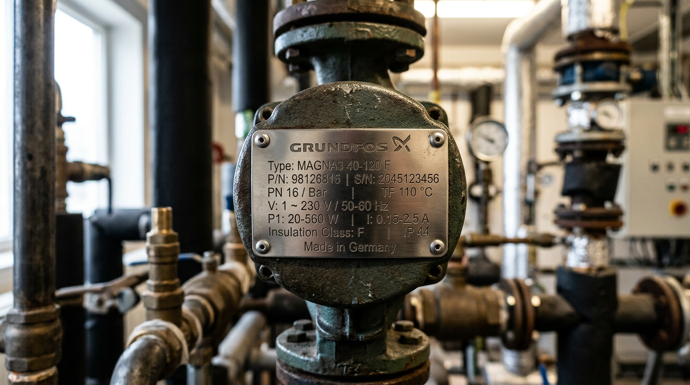 Plaque signalétique d'un circulateur de chauffage avec caractéristiques techniques