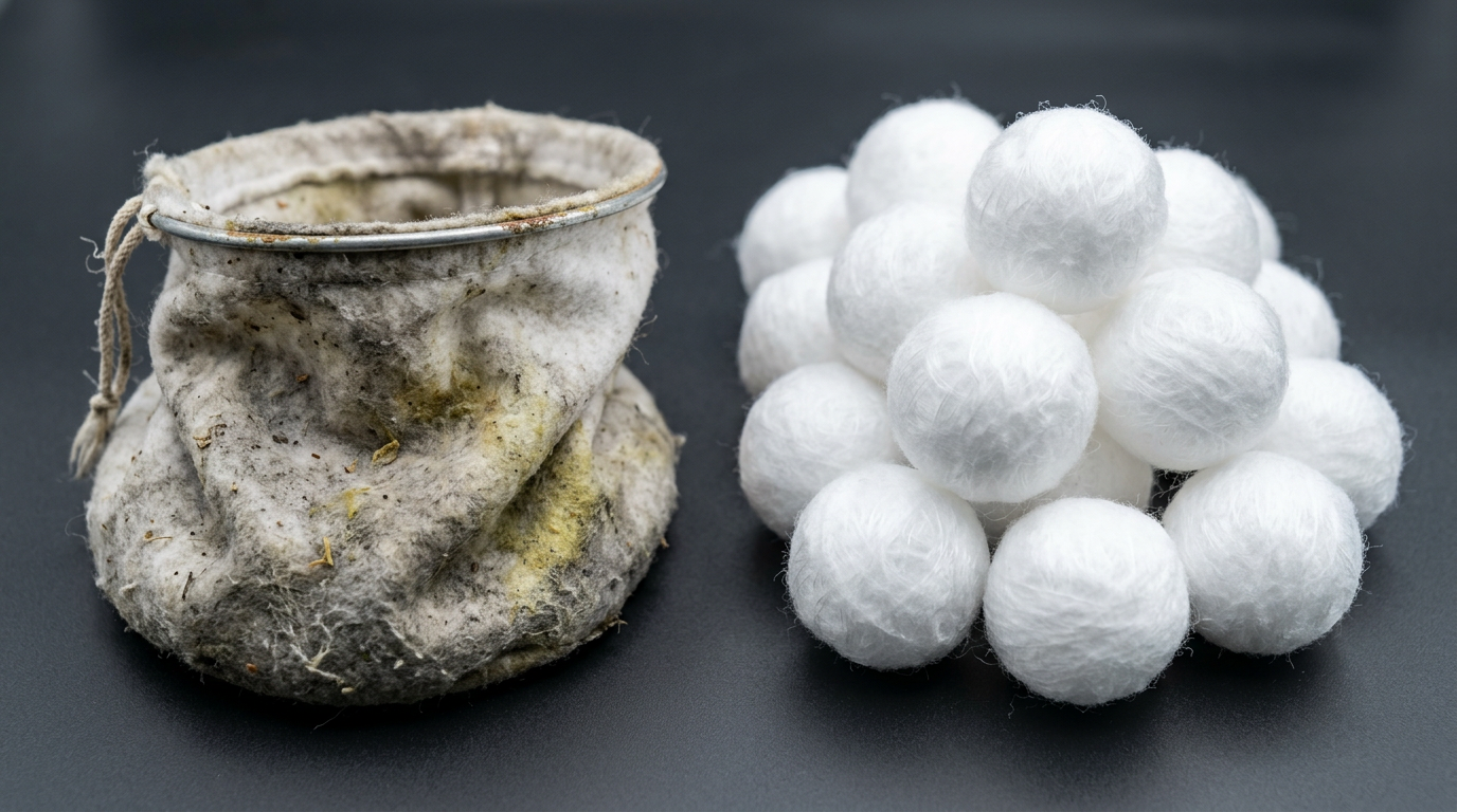 Comparaison entre poche filtrante textile et balles filtrantes polymères