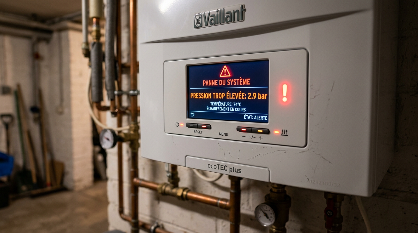 Écran digital de chaudière affichant un code erreur de surpression