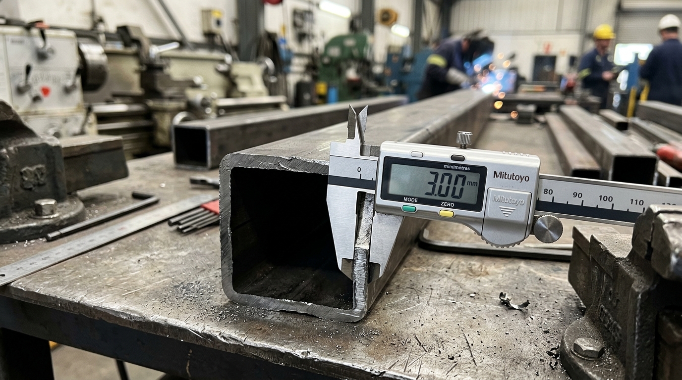 Mesure de l'épaisseur de paroi d'un tube carré acier au pied à coulisse