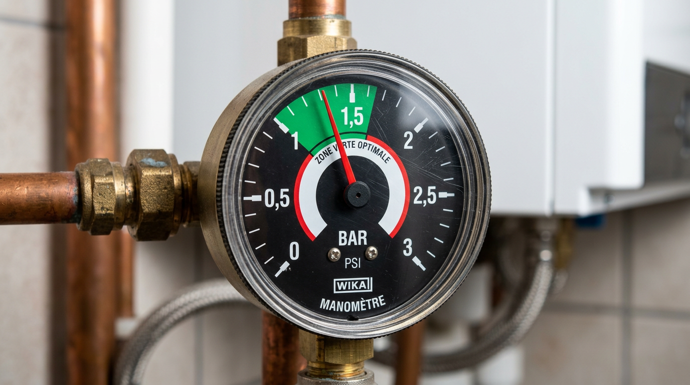 Manomètre de chaudière affichant une pression optimale