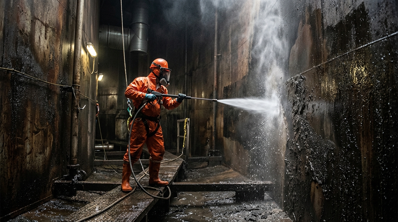 Nettoyage haute pression et dégazage professionnel d'une cuve à hydrocarbures