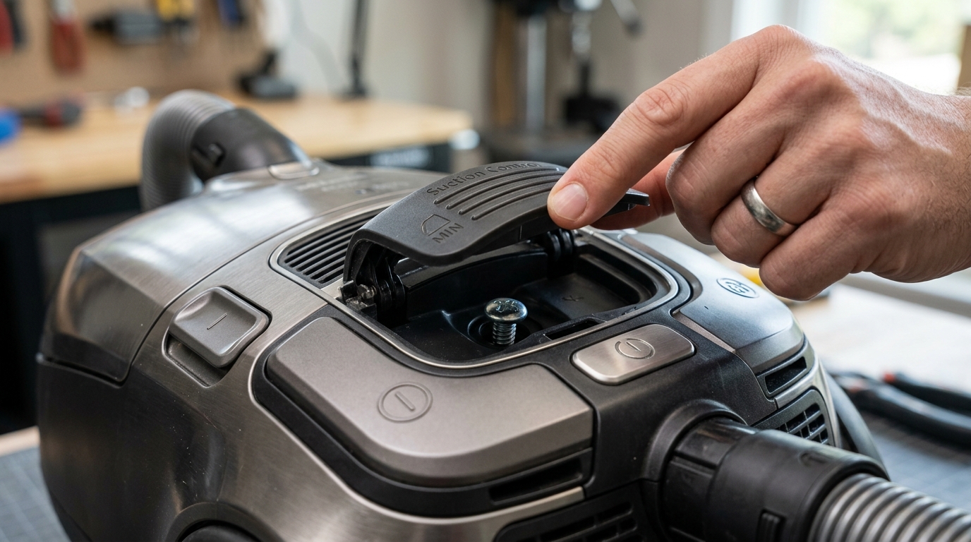 Vis cachée sous la pédale de commande d'un aspirateur Miele