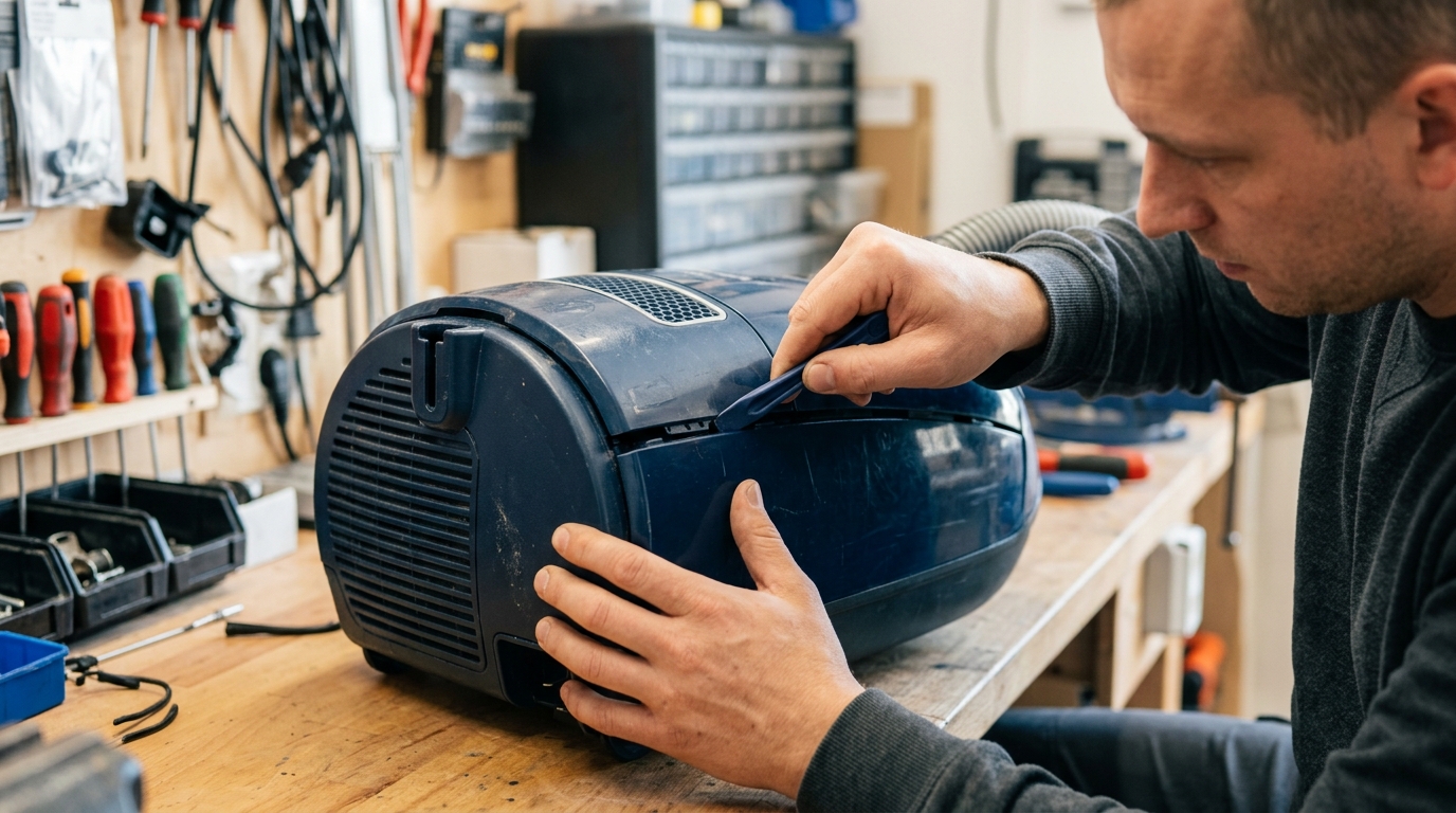 Utilisation d'un levier en plastique pour déclipser la coque de l'aspirateur