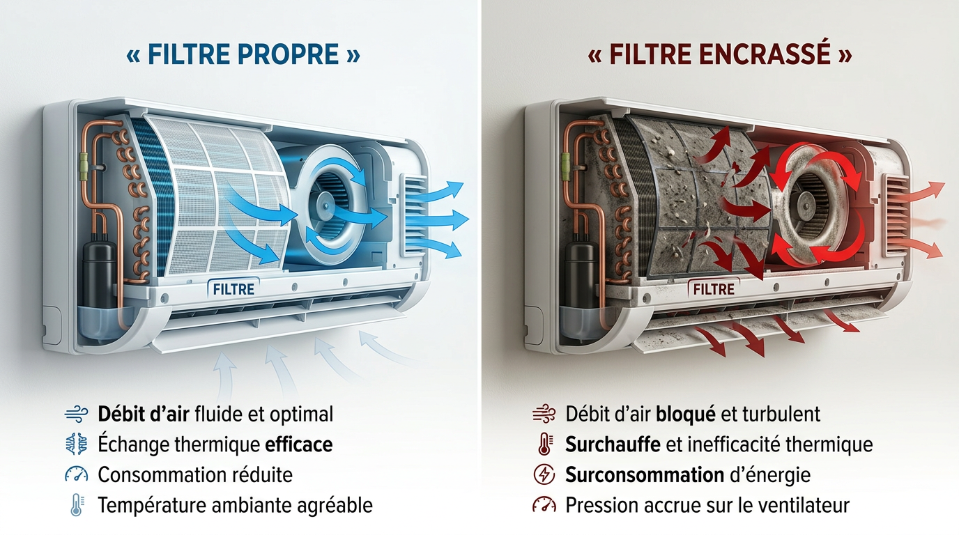 Diagramme impact filtre encrassé flux air climatisation
