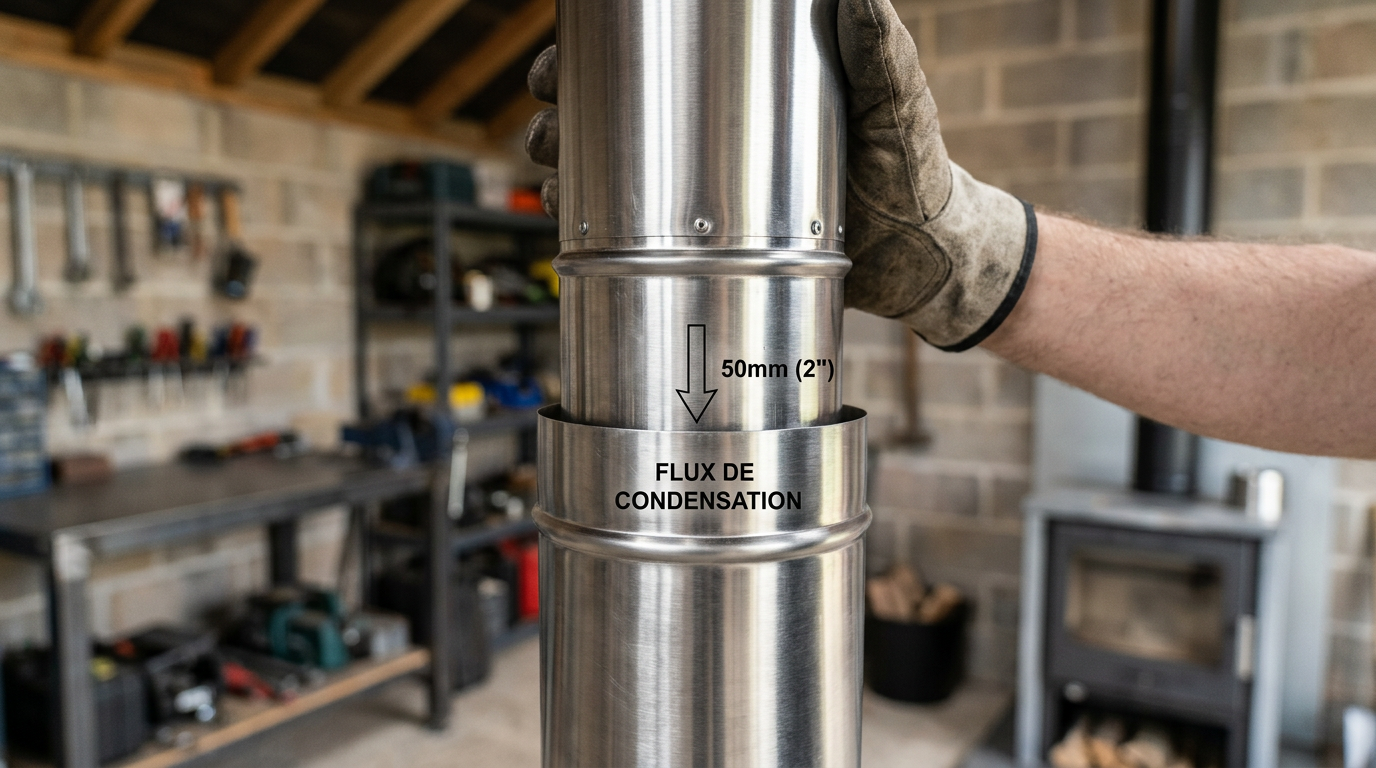 Montage correct d'un tuyau de poêle avec la partie mâle vers le bas pour les condensats