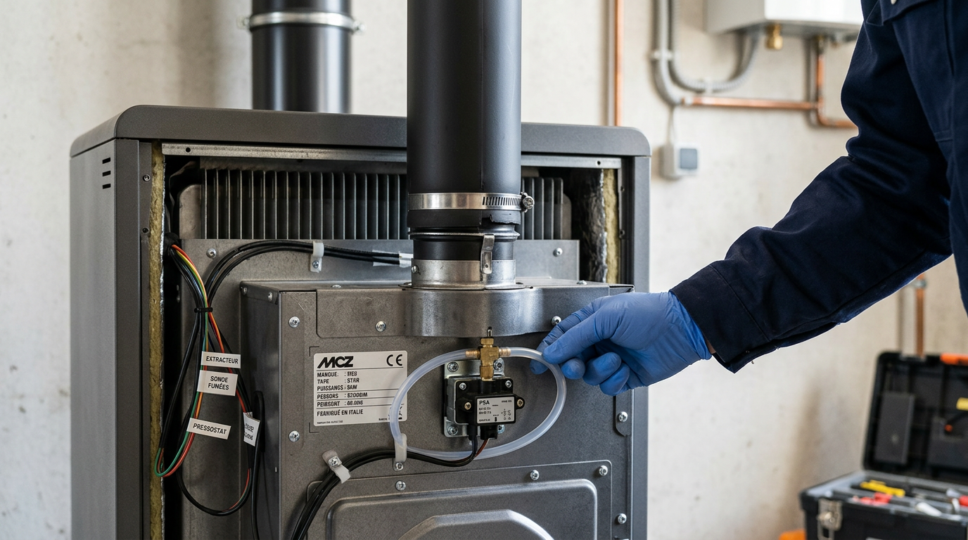 Inspection du pressostat et du tuyau d'évacuation des fumées à l'arrière du poêle