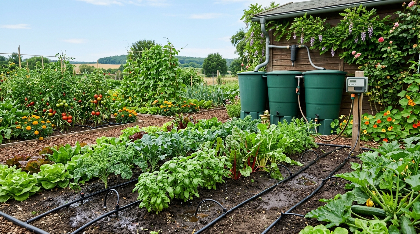 Arrosage écologique d'un potager grâce à l'eau de pluie récupérée