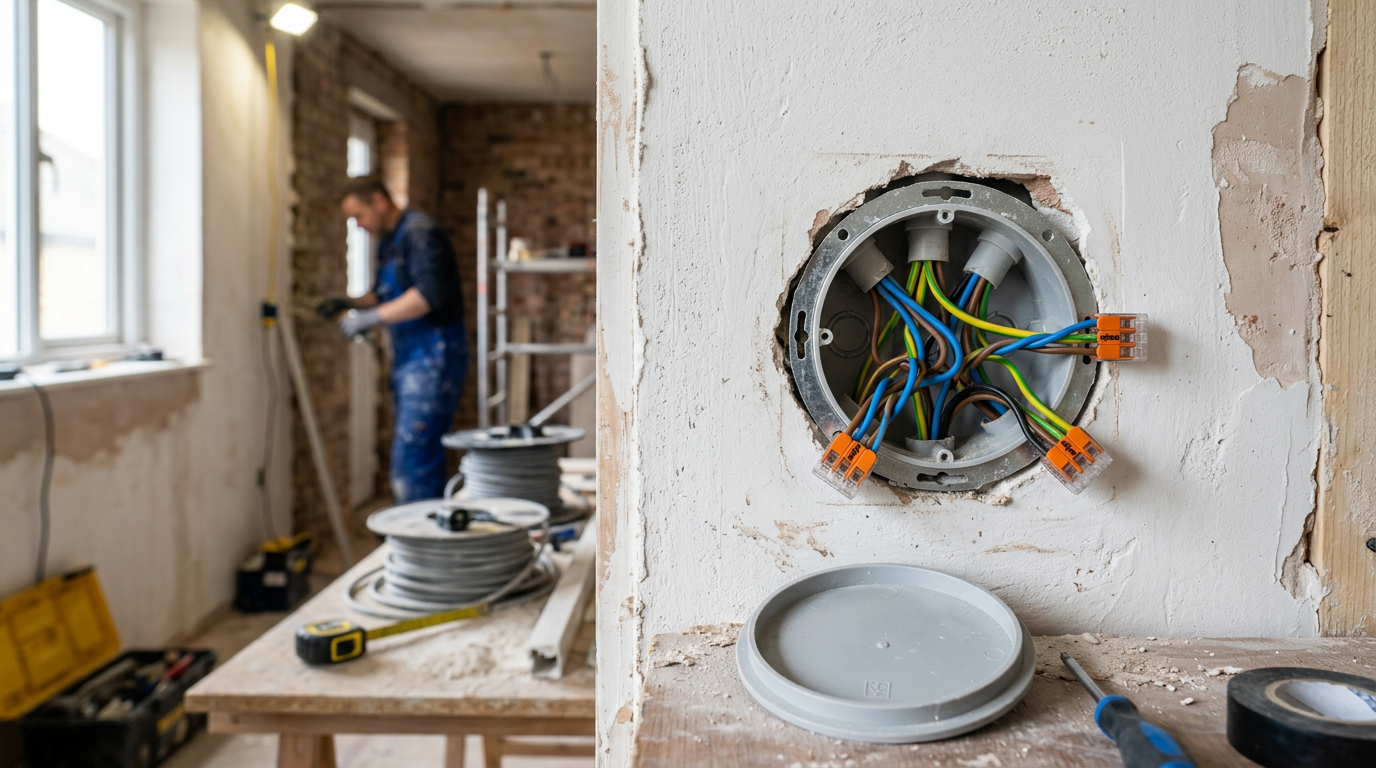 Boîte de dérivation encastrée avec fils électriques