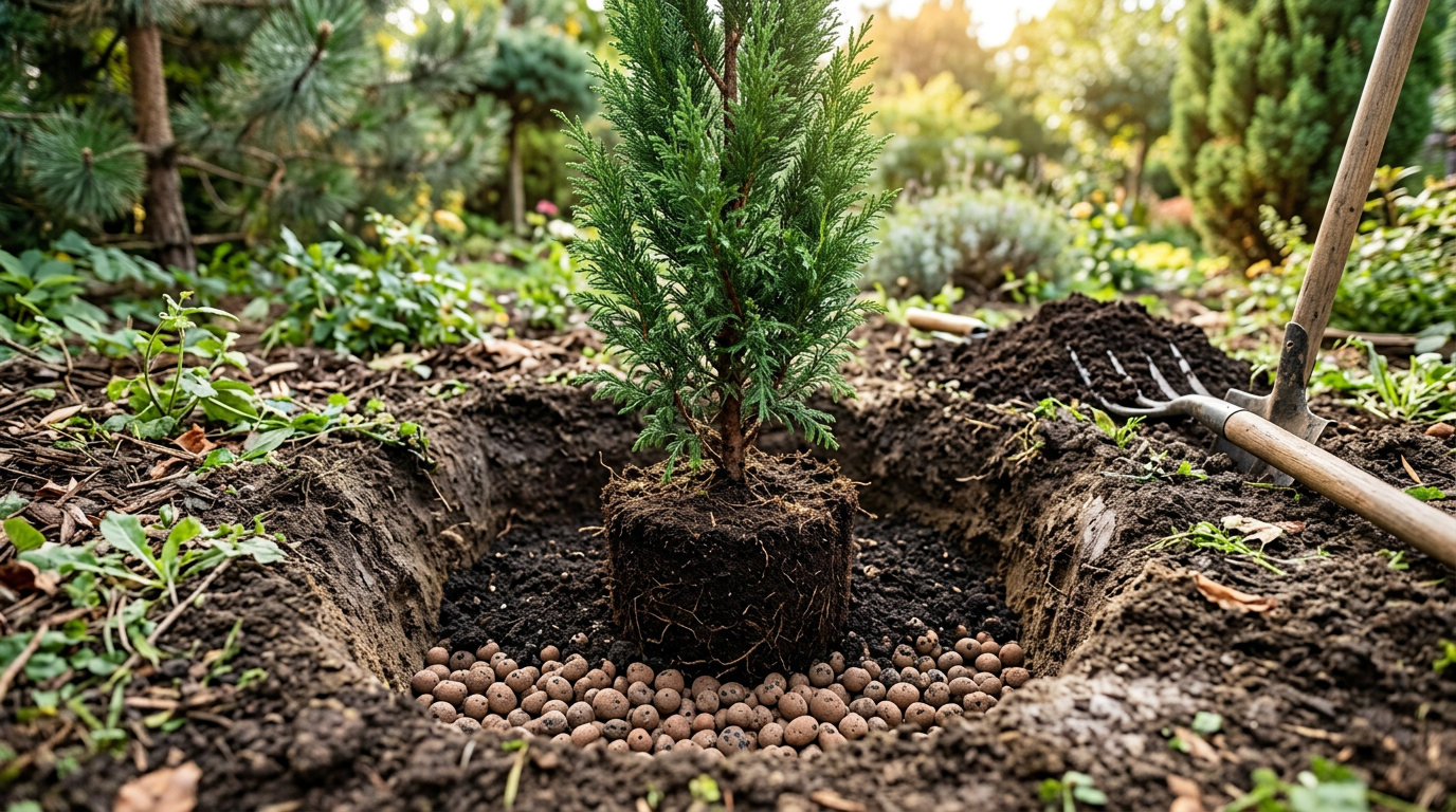 Coupe transversale d'un trou de plantation avec drainage en billes d'argile pour un cyprès