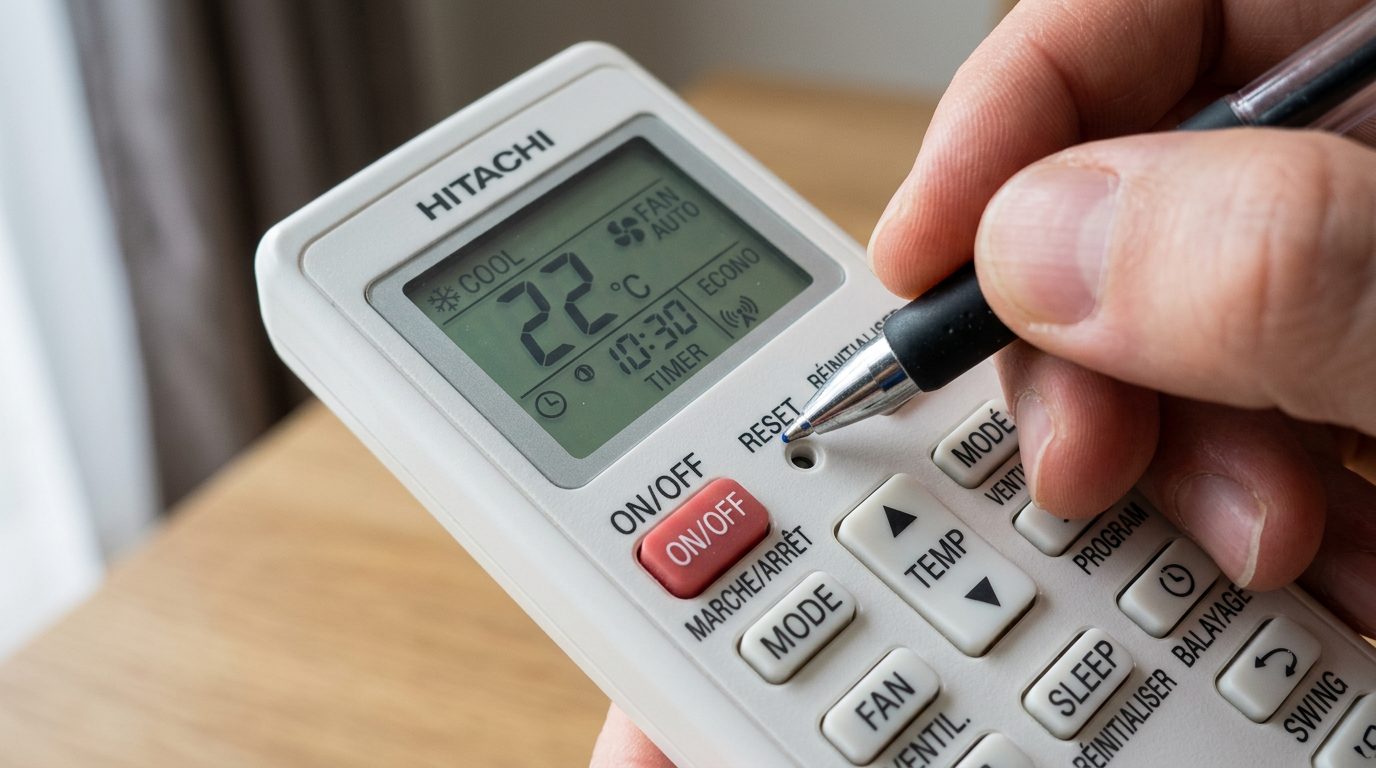 Bouton reset télécommande climatisation Hitachi