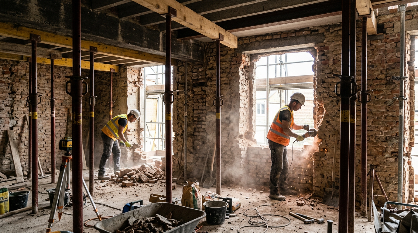 Chantier rénovation ouverture mur porteur avec étais