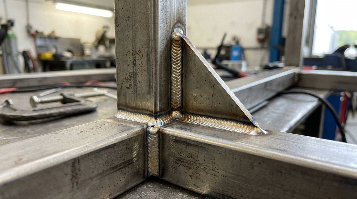 Soudure d'angle avec gousset de renfort sur tube carré 40x40