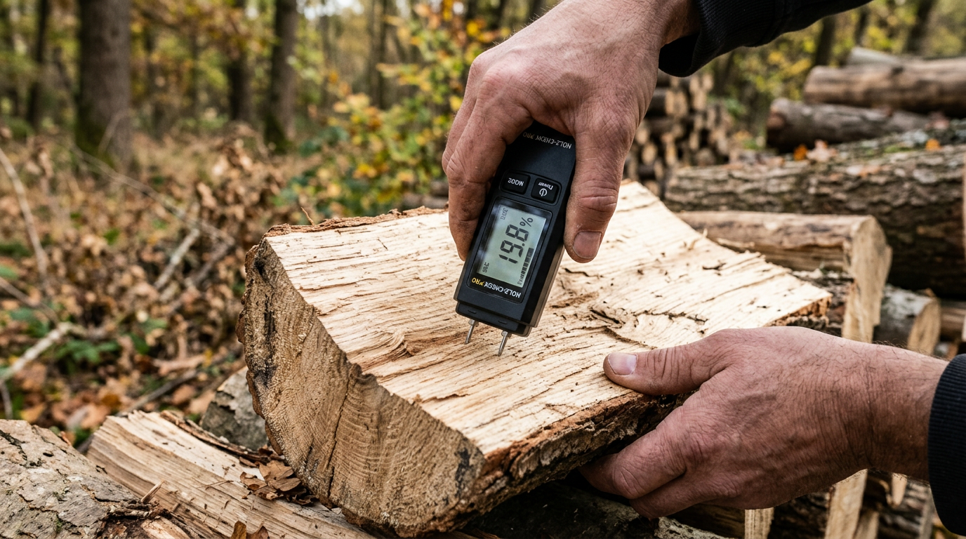 Testeur d'humidité numérique planté dans une bûche de bois de chauffage