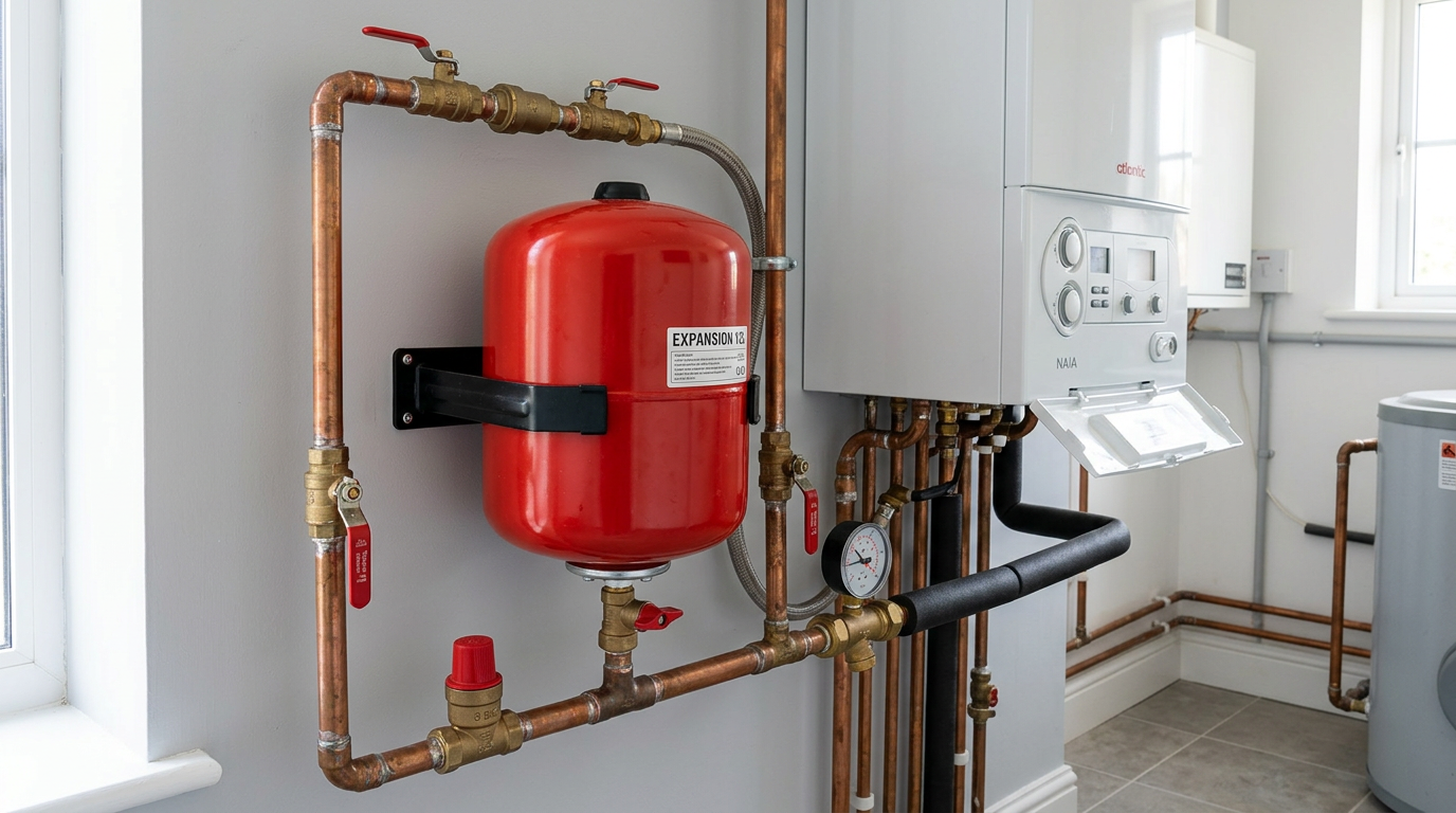 Vase d'expansion rouge raccordé au circuit de chauffage d'une chaudière