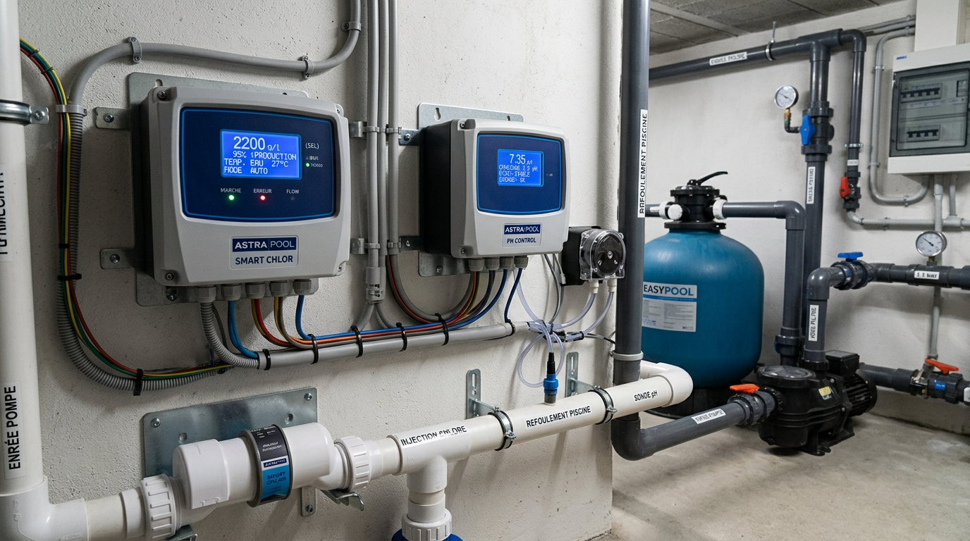 Équipement d'automatisation piscine avec électrolyseur au sel et régulateur pH