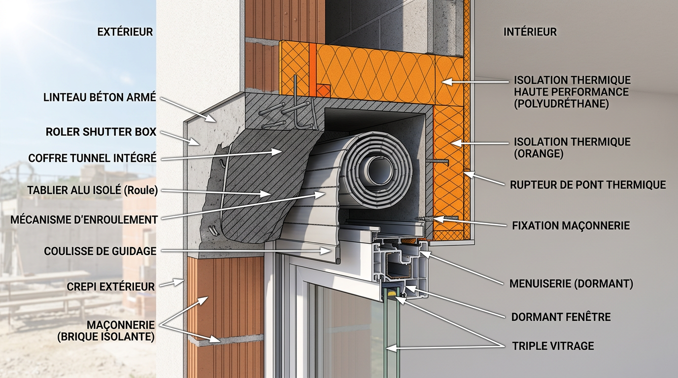 Coupe technique coffre tunnel volet roulant dans linteau