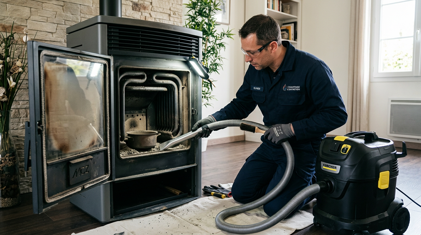 Technicien professionnel effectuant l'entretien annuel d'un poêle à granulés avec un aspirateur à cendres
