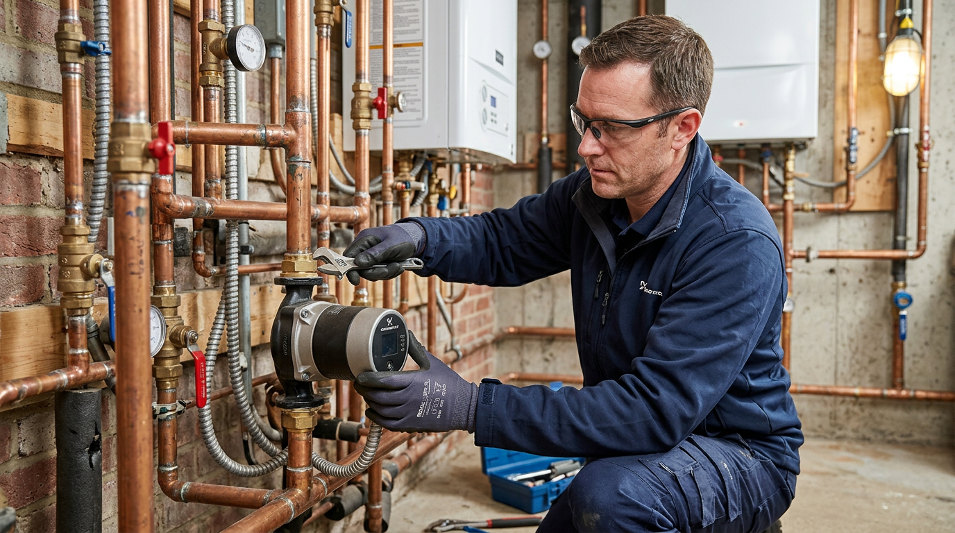 Technicien chauffagiste installant un circulateur de chaudière