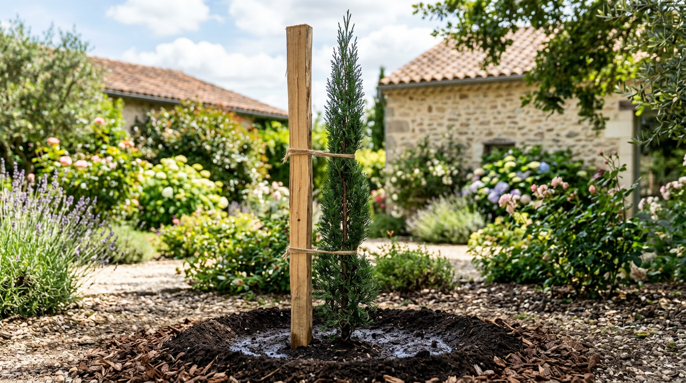Jeune plant de cyprès tuteuré avec une cuvette d'arrosage dans un jardin