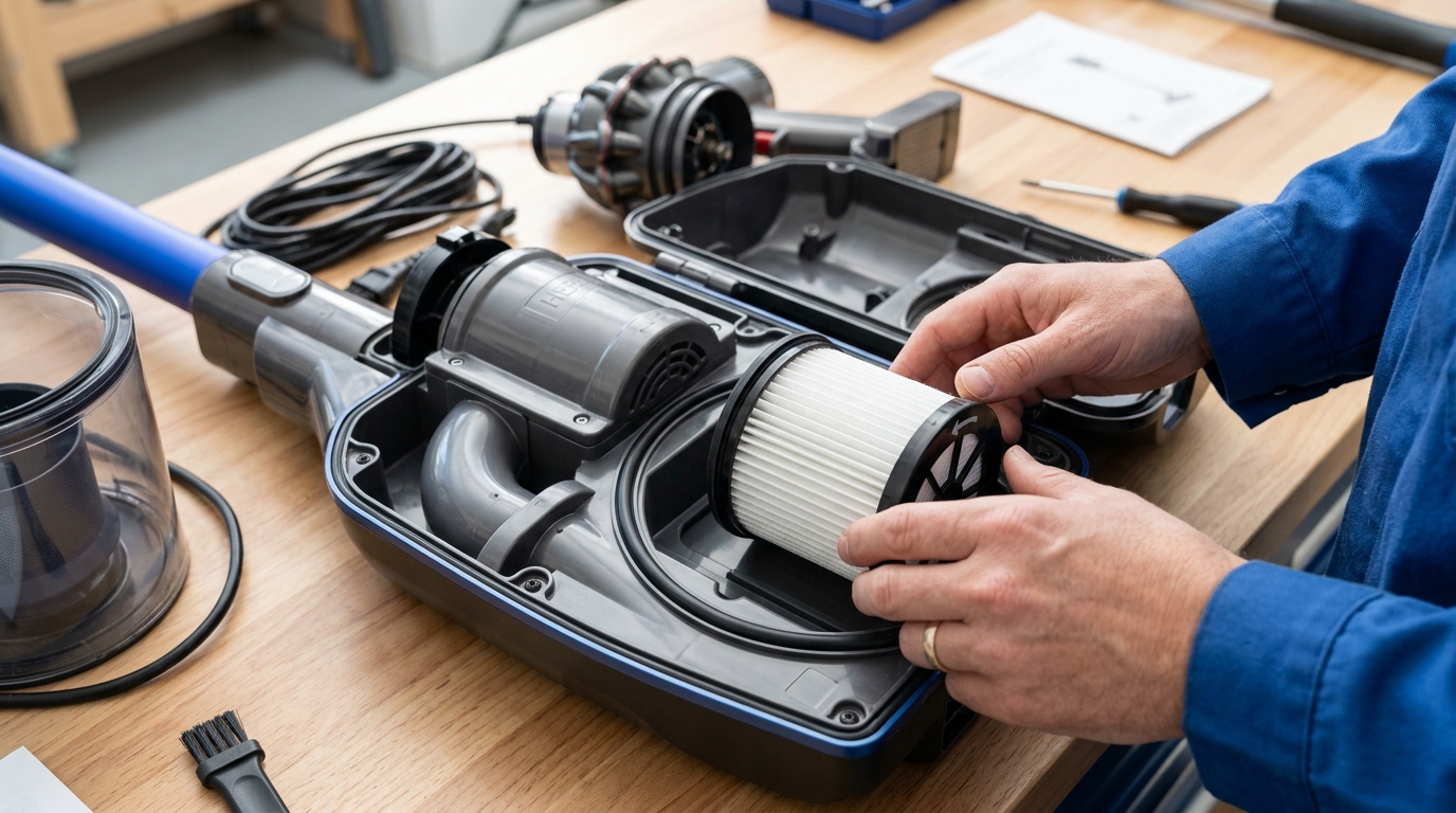 Mise en place d'un filtre HEPA neuf dans le compartiment de l'aspirateur