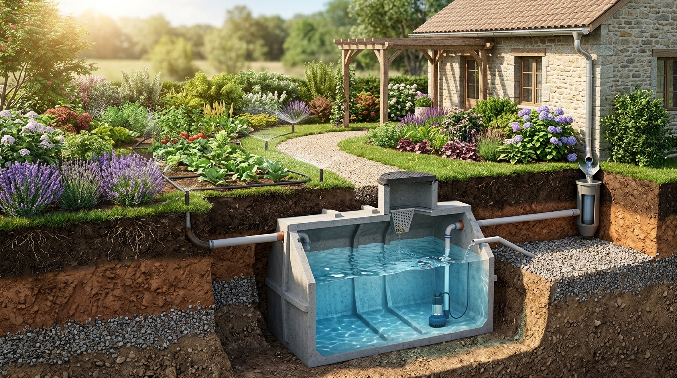 Schéma en coupe d'une cuve enterrée transformée en réserve d'eau avec système de filtration