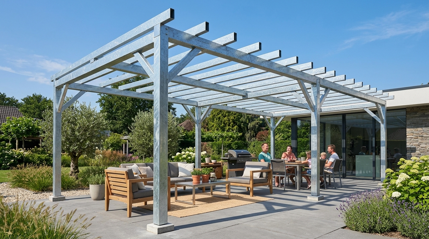 Pergola extérieure en acier galvanisé démontrant la résistance à la corrosion