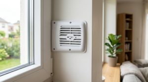 Entrée d'air hygroréglable moderne installée sur une fenêtre blanche