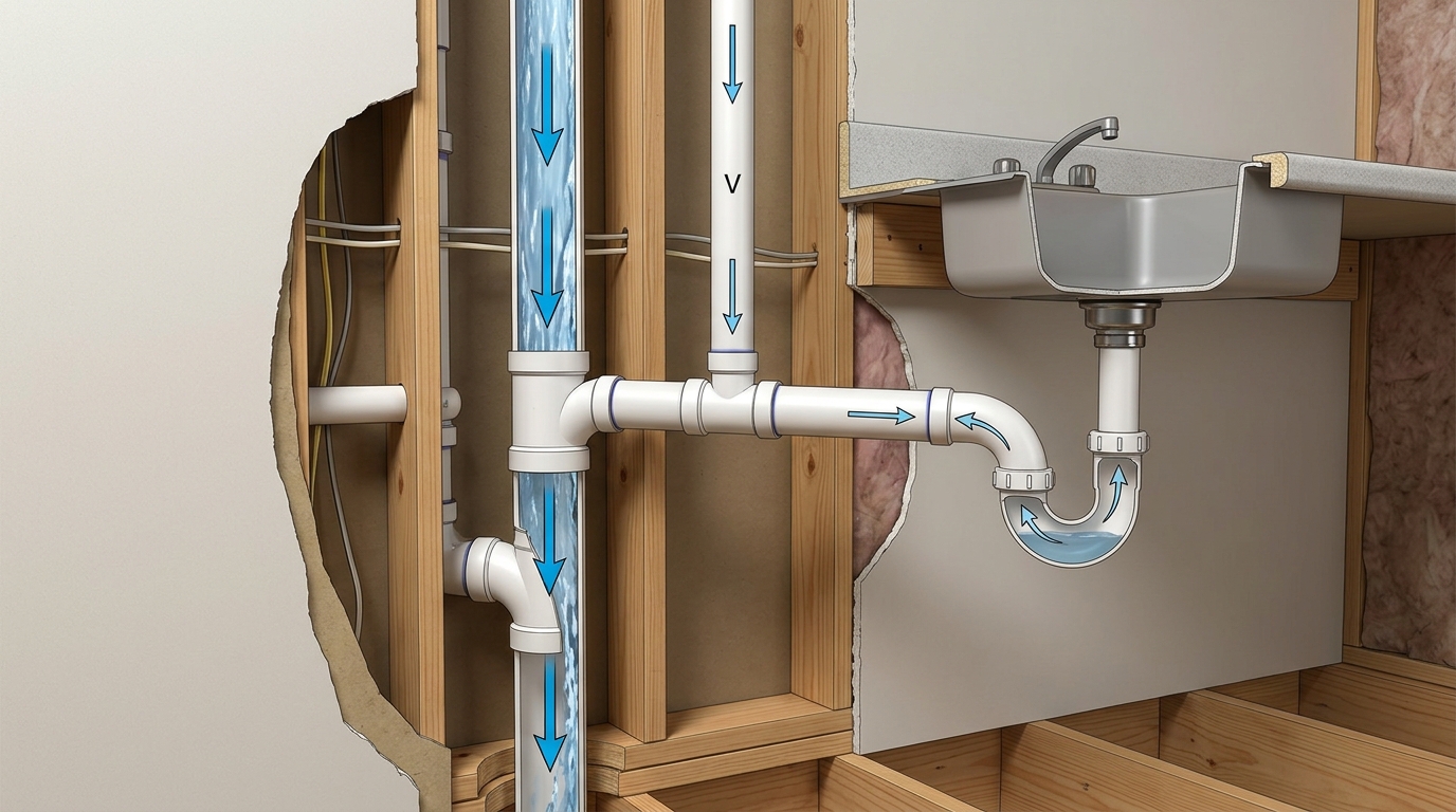 Schéma 3D du phénomène de désiphonnage et d'équilibrage des pressions