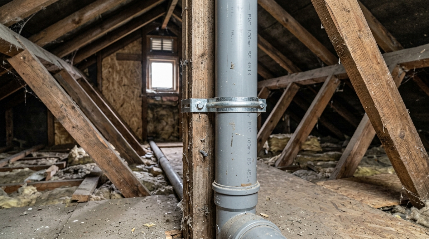 Colonne de chute en PVC de 100 mm fixée aux chevrons dans les combles