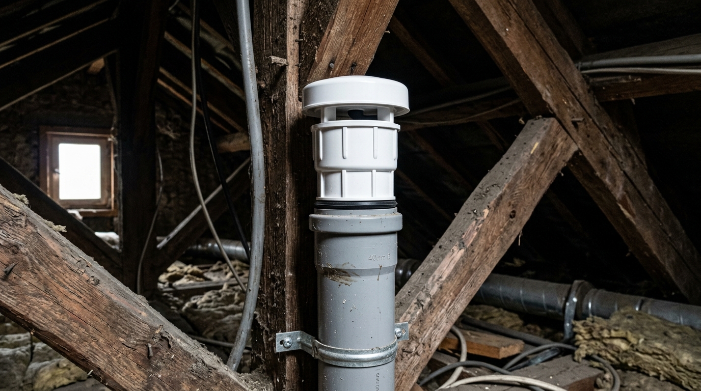 Clapet aérateur ou équilibreur de pression installé sur une colonne en PVC