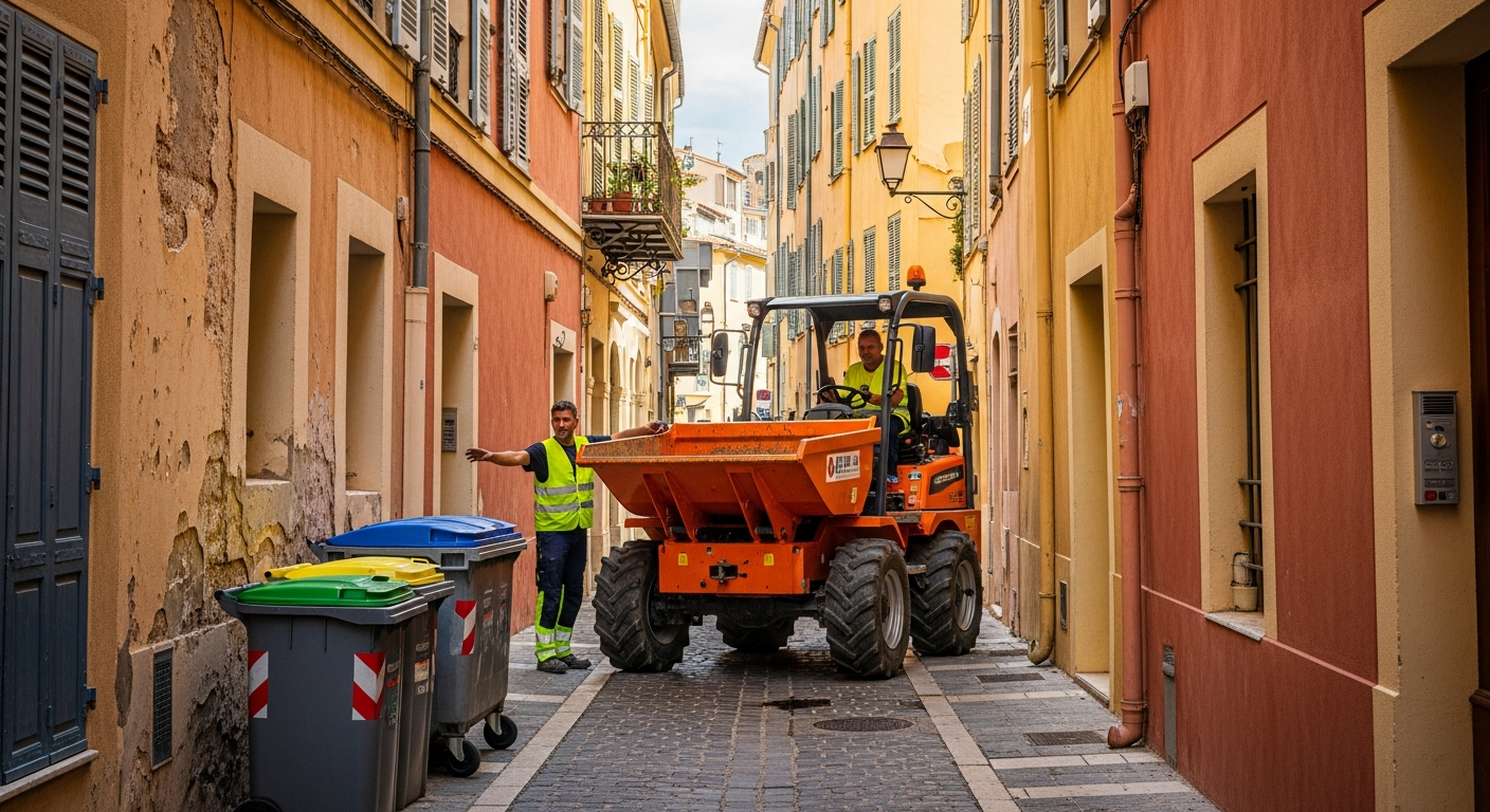 Camion benne accès difficile ruelle Vieux-Nice travaux rénovation