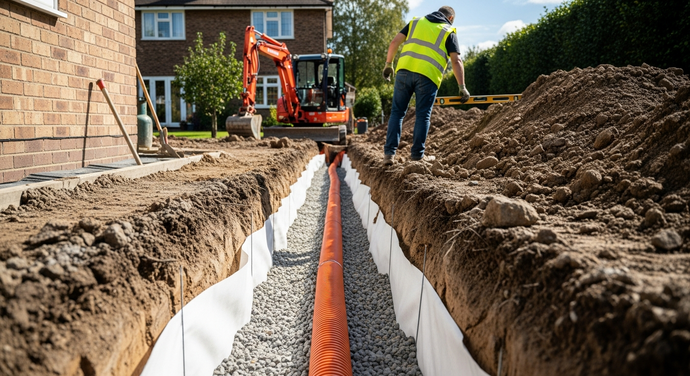 Installation drain périphérique contre mur maison