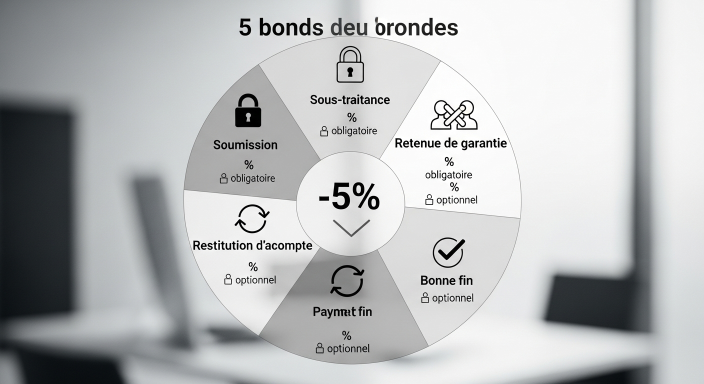 Schéma des 5 types de cautions BTP avec pourcentages et obligations légales