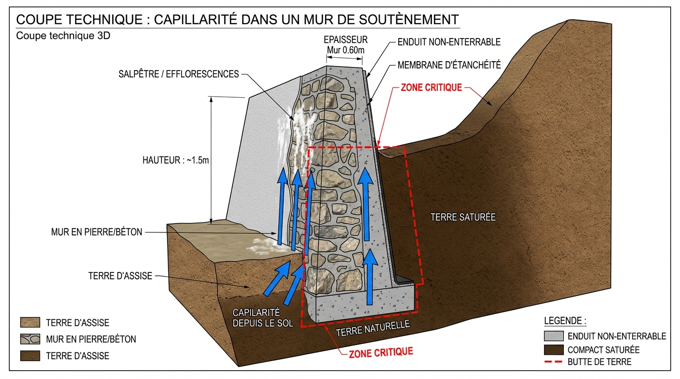 Schéma remontée capillaire terre contre mur maison humidité