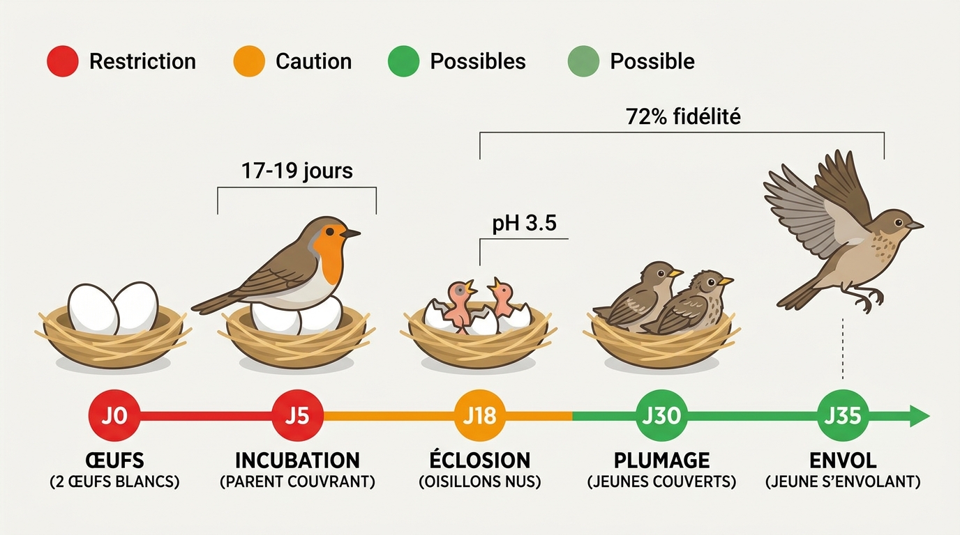 Timeline cycle nidification pigeon 35 jours incubation envol