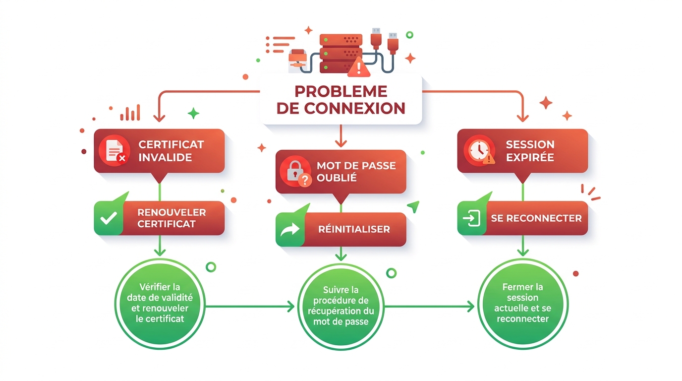 Infographie diagnostic erreurs connexion Mercure Douane solutions