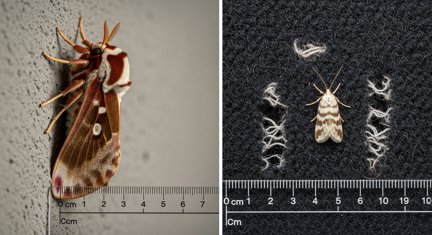 Comparaison taille entre papillon de nuit adulte et mite textile Tineola bisselliella