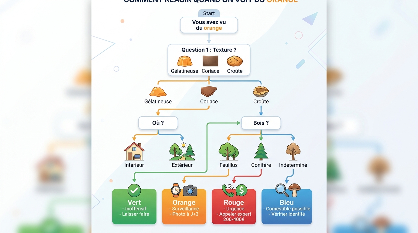 Infographie arbre décision : identifier champignon orange danger ou inoffensif en 3 questions