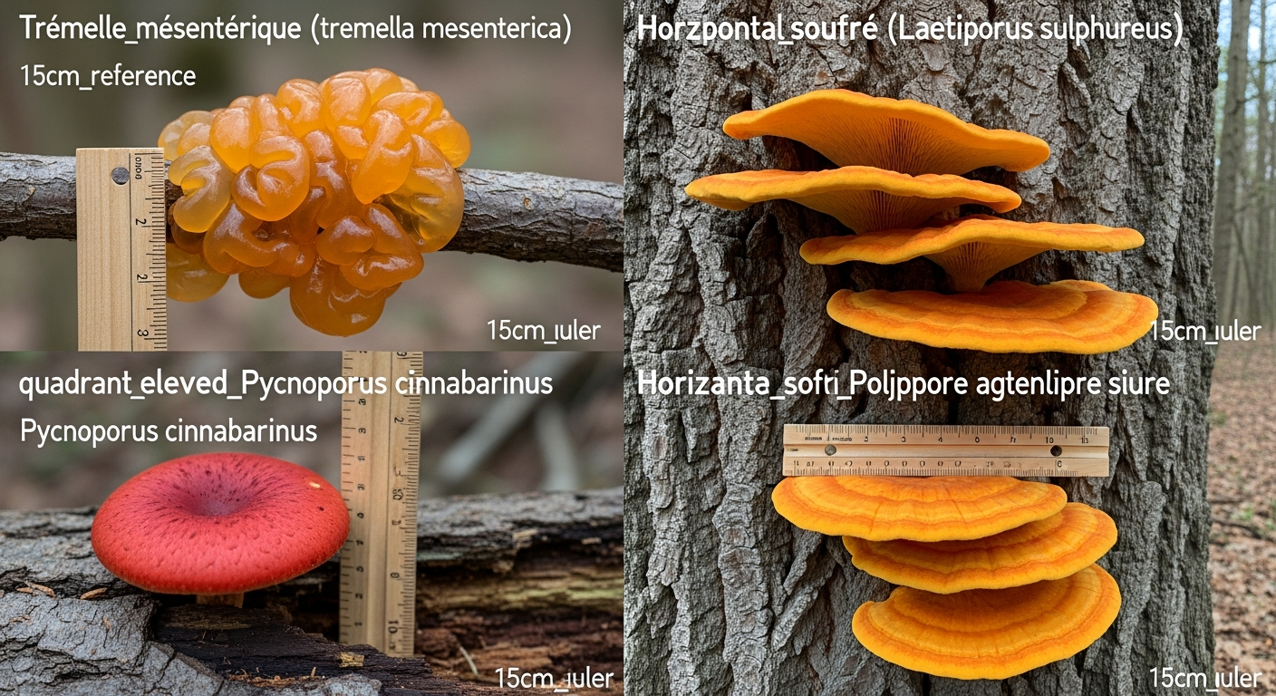 Comparatif visuel champignons orange : Trémelle, Polypore soufré, Pycnoporus et Nectria sur bois mort