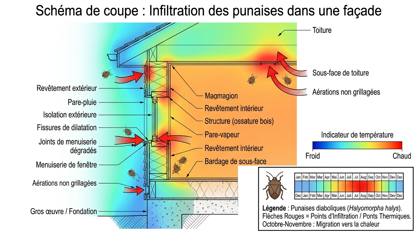 Schéma des points d'entrée punaises diaboliques façade maison et ponts thermiques