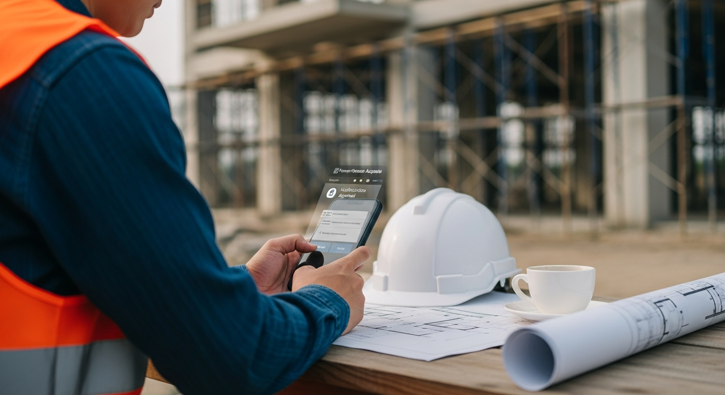 Chef d'entreprise BTP validant une approbation sur smartphone depuis un chantier