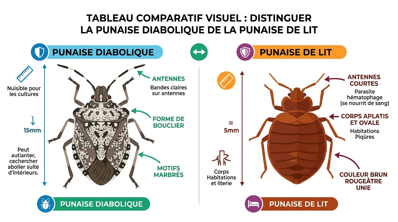 Comparaison visuelle punaise diabolique bouclier versus punaise de lit ovale