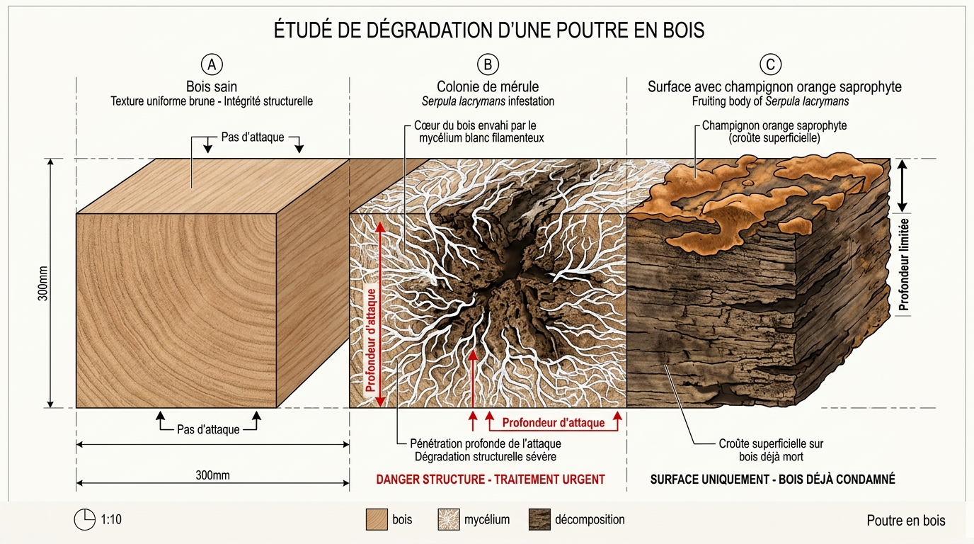 Schéma coupe poutre bois : différence entre mérule destructeur et champignon saprophyte superficiel