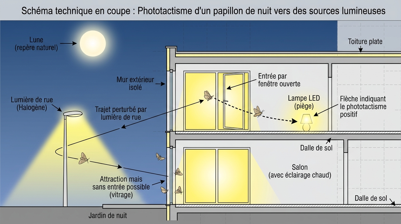 Schéma explicatif du phototactisme des papillons de nuit attirés par la lumière artificielle