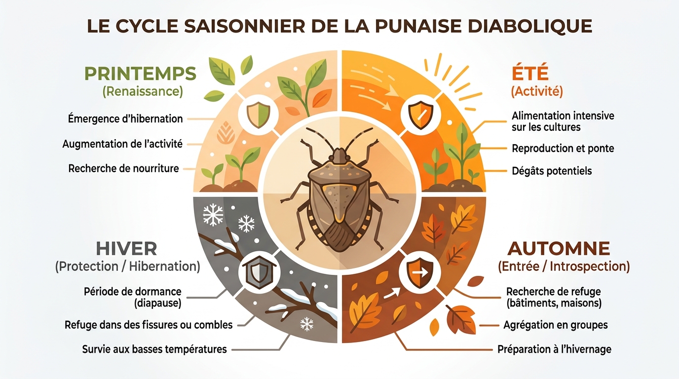 Infographie cycle saisonnier symbolique punaise diabolique résilience automne