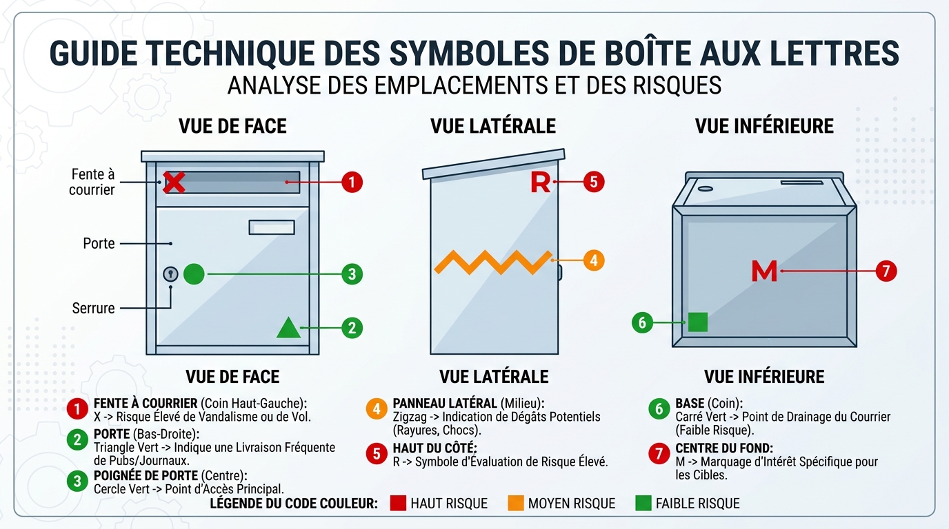 Schéma symboles cambriolage sur boîte aux lettres X cercle carré